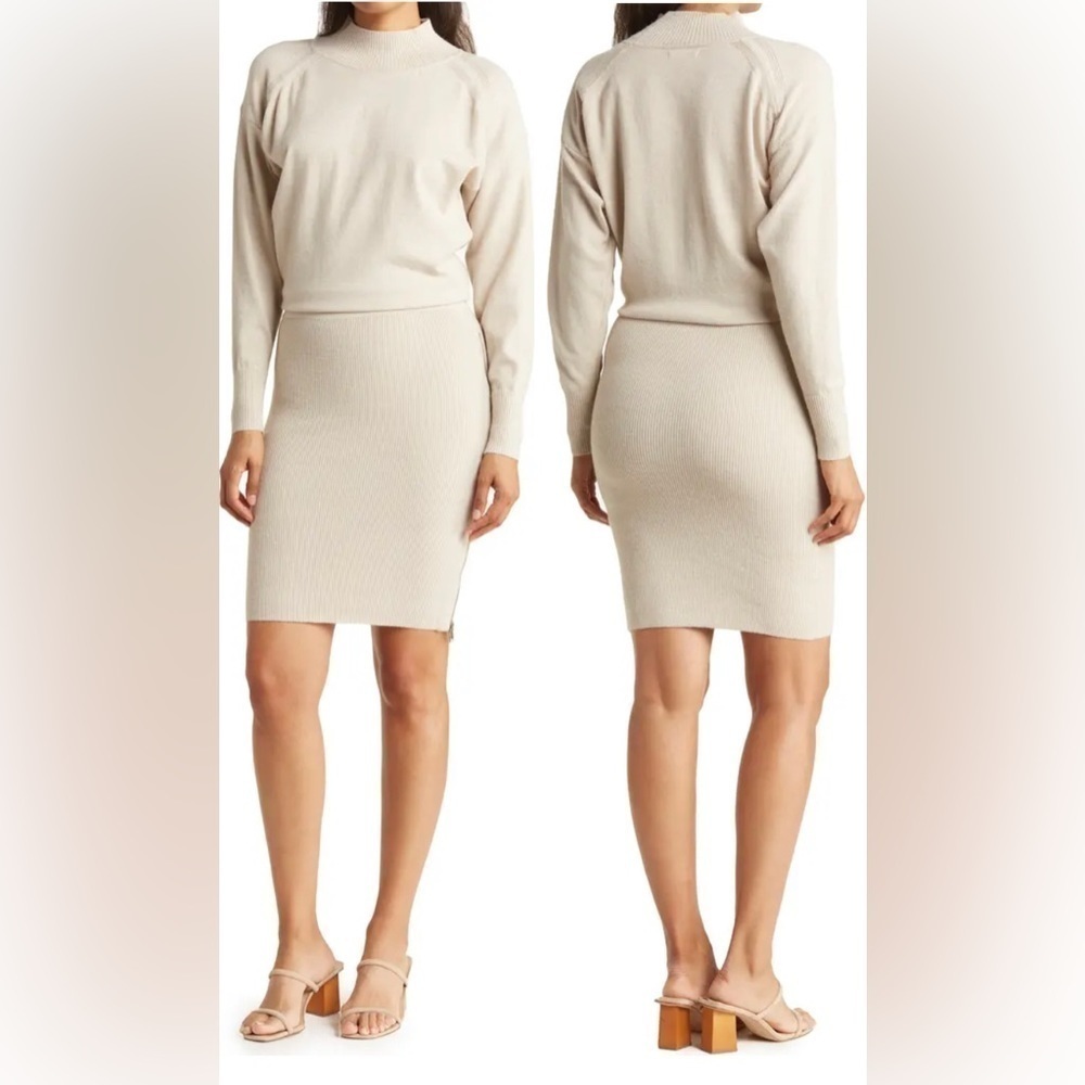 Nordstrom StitchDrop Sweater Dress Oatmilk Cream Ribbed Midi Large‎ NWT 2228754
